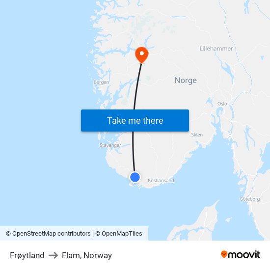 Frøytland to Flam, Norway map