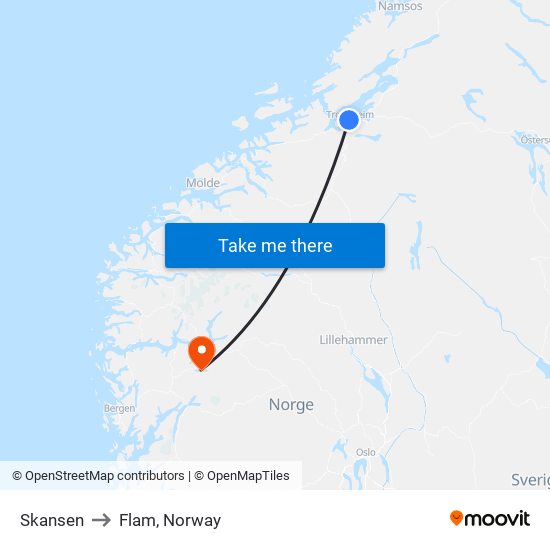 Skansen to Flam, Norway map