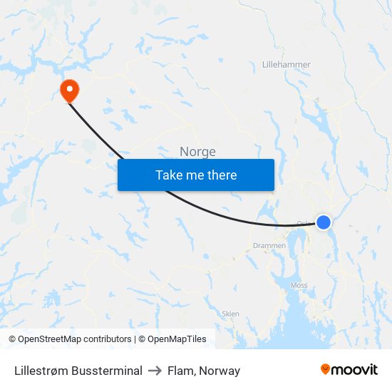 Lillestrøm Bussterminal to Flam, Norway map