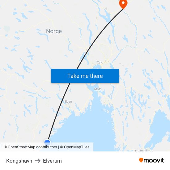 Kongshavn to Elverum map