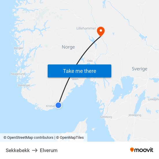 Sekkebekk to Elverum map