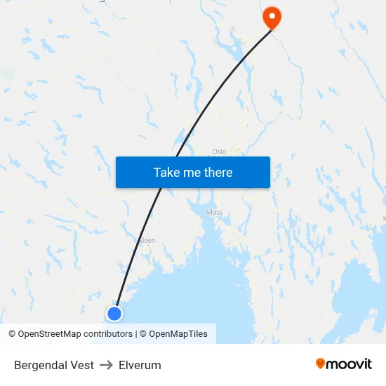 Bergendal Vest to Elverum map
