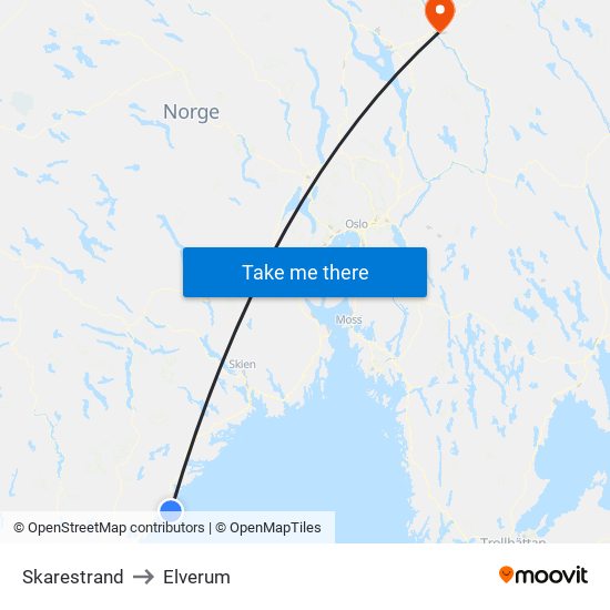 Skarestrand to Elverum map