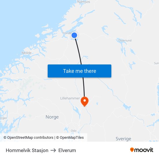 Hommelvik Stasjon to Elverum map