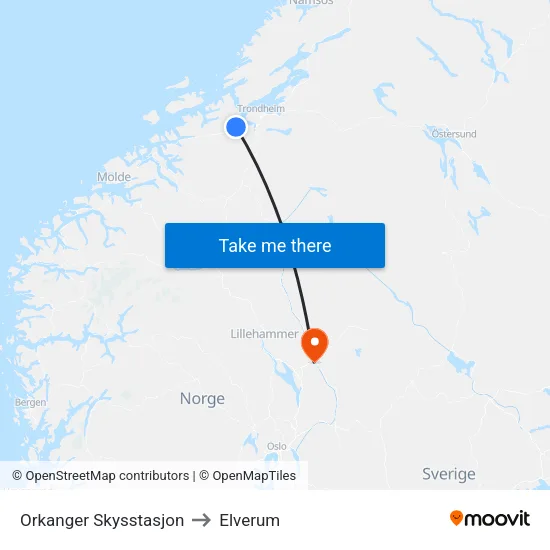 Orkanger Skysstasjon to Elverum map