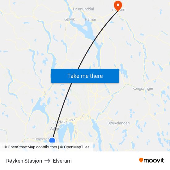 Røyken Stasjon to Elverum map