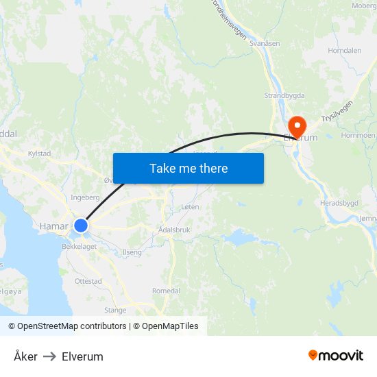 Åker to Elverum map