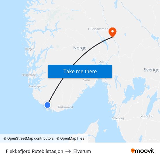 Flekkefjord Rutebilstasjon to Elverum map