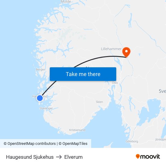 Haugesund Sjukehus to Elverum map