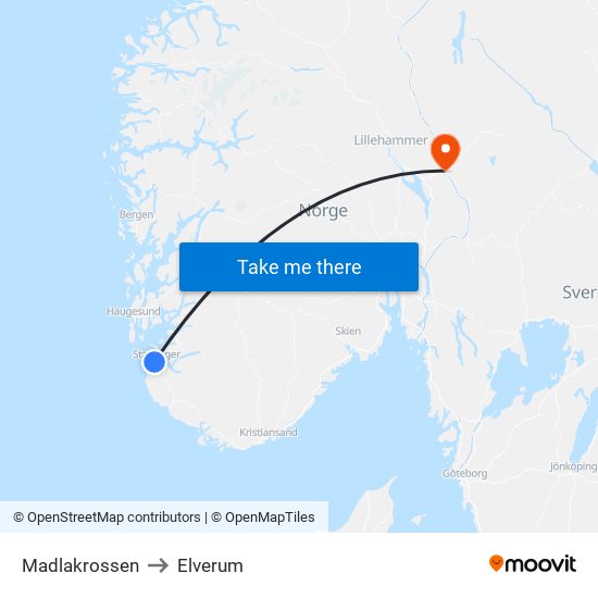 Madlakrossen to Elverum map