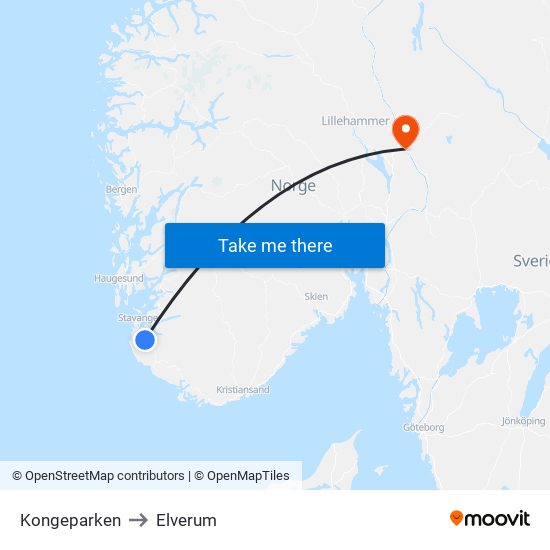 Kongeparken to Elverum map