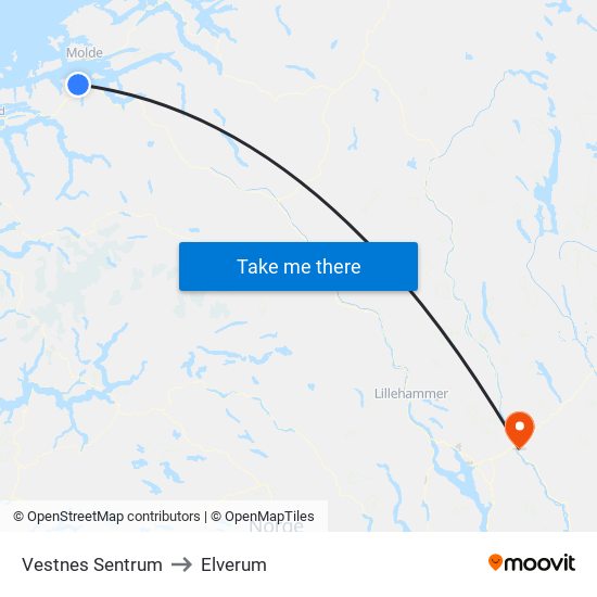 Vestnes Sentrum to Elverum map