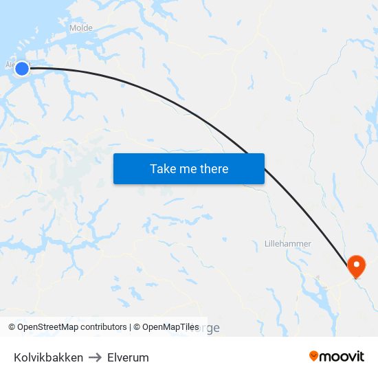 Kolvikbakken to Elverum map
