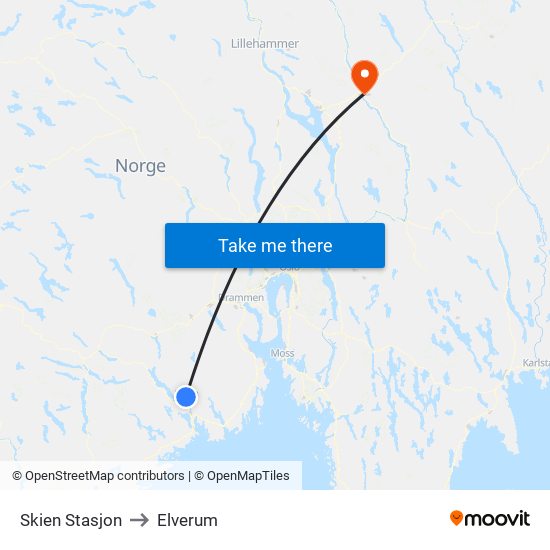 Skien Stasjon to Elverum map