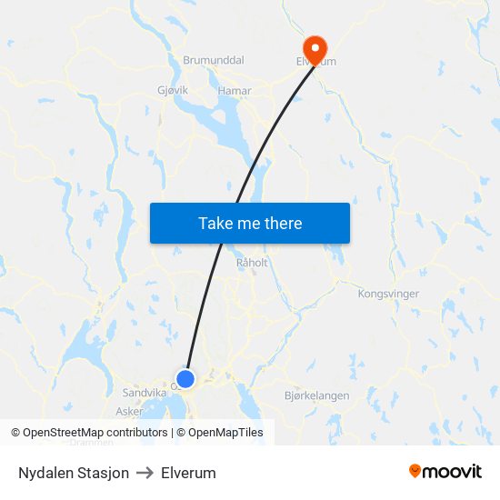 Nydalen Stasjon to Elverum map