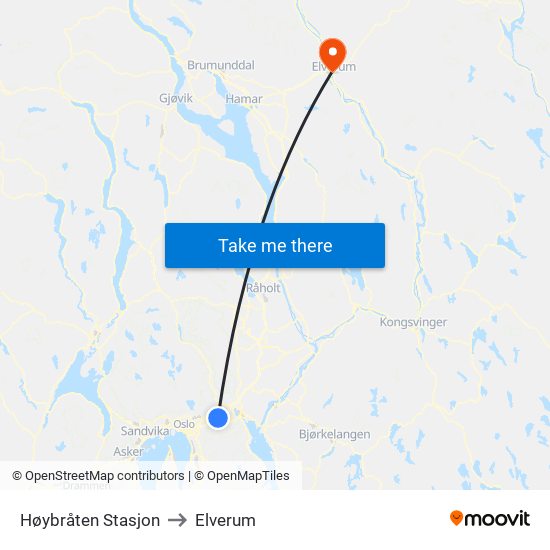 Høybråten Stasjon to Elverum map