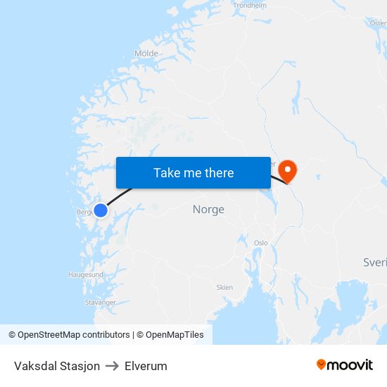 Vaksdal Stasjon to Elverum map