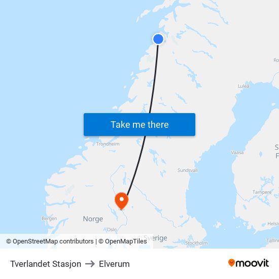 Tverlandet Stasjon to Elverum map