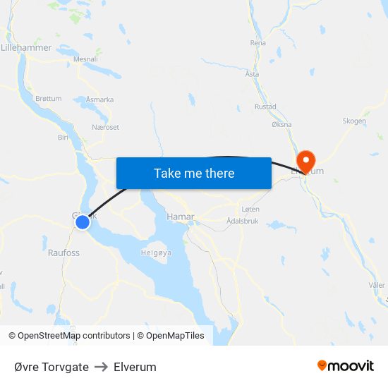 Øvre Torvgate to Elverum map