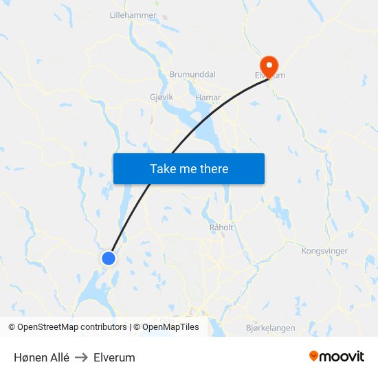 Hønen Allé to Elverum map