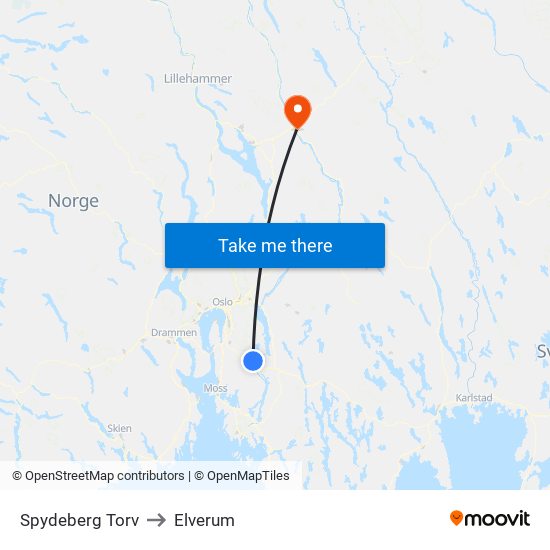 Spydeberg Torv to Elverum map