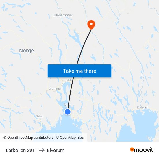 Larkollen Sørli to Elverum map
