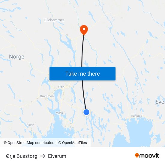 Ørje Busstorg to Elverum map