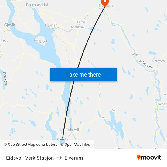 Eidsvoll Verk Stasjon to Elverum map