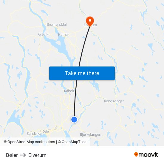 Bøler to Elverum map