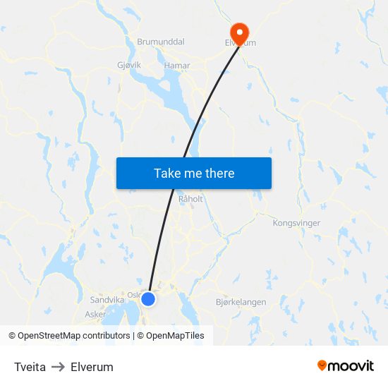 Tveita to Elverum map