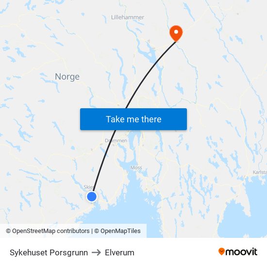 Sykehuset Porsgrunn to Elverum map