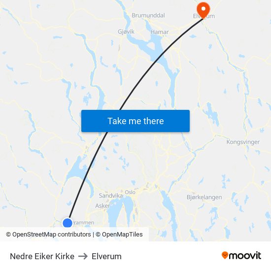 Nedre Eiker Kirke to Elverum map