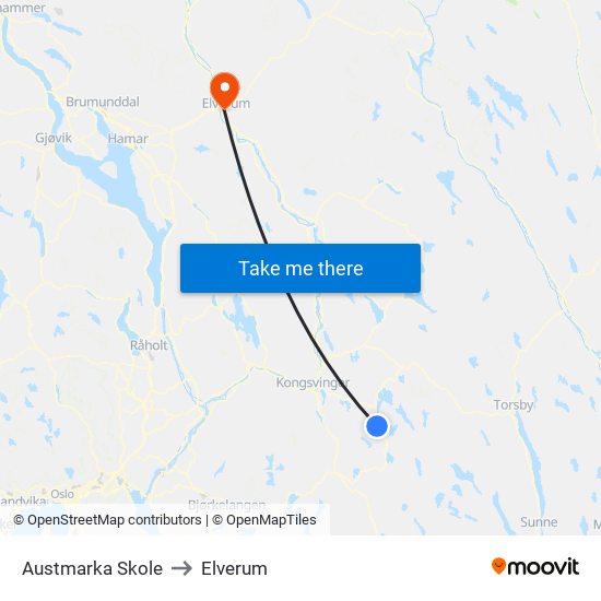 Austmarka Skole to Elverum map