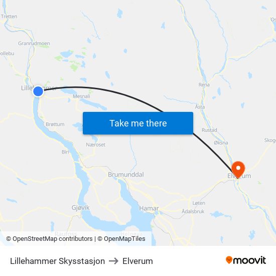 Lillehammer Skysstasjon to Elverum map