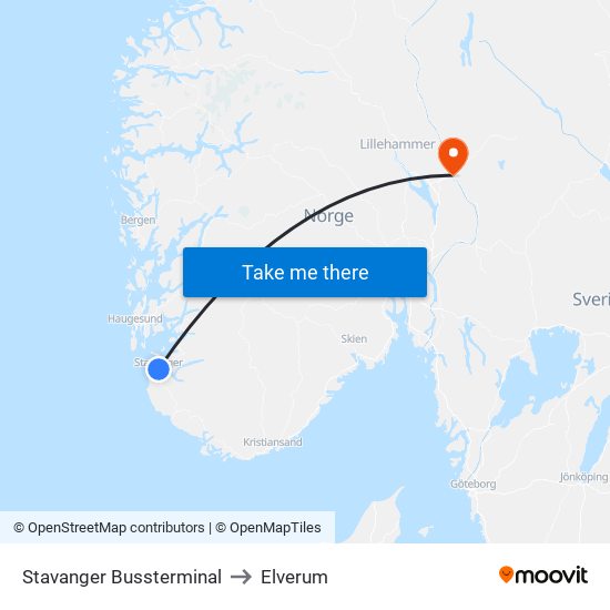 Stavanger Bussterminal to Elverum map