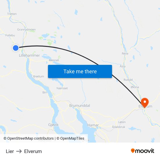 Lier to Elverum map