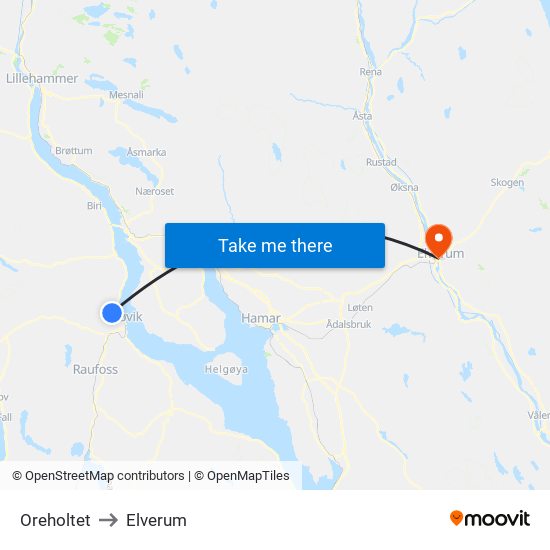 Oreholtet to Elverum map