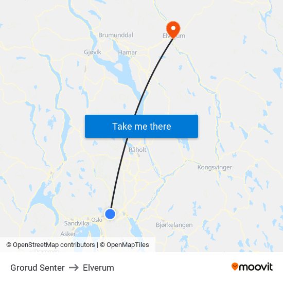 Grorud Senter to Elverum map