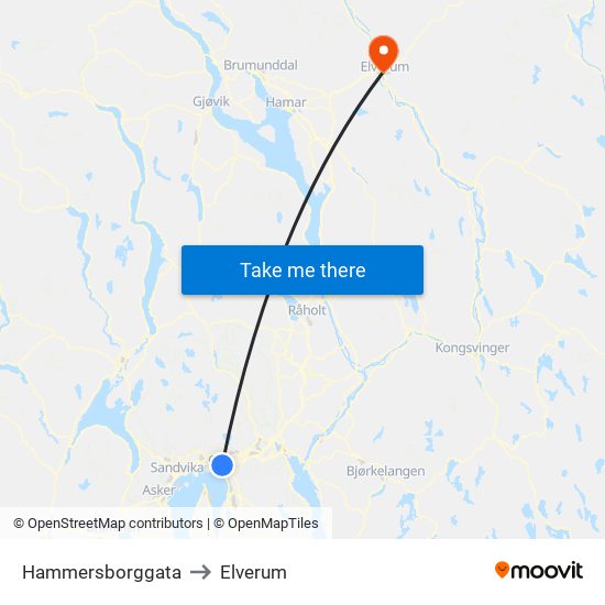 Hammersborggata to Elverum map