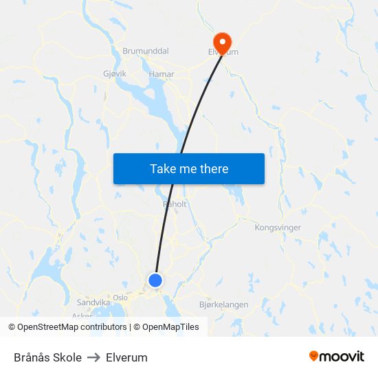 Brånås Skole to Elverum map