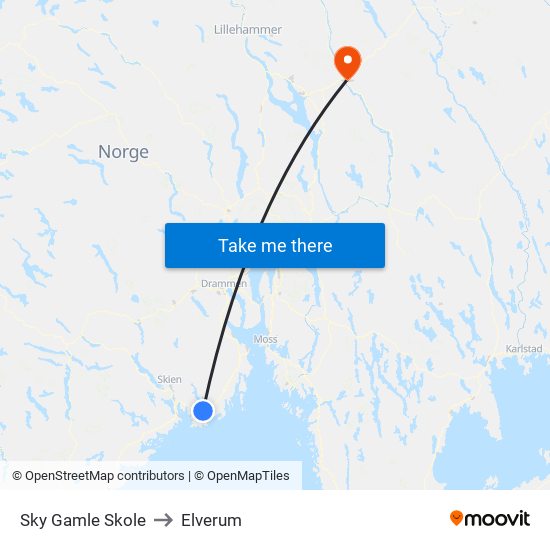 Sky Gamle Skole to Elverum map