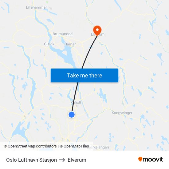 Oslo Lufthavn Stasjon to Elverum map