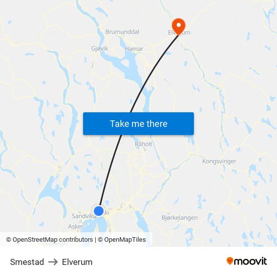 Smestad to Elverum map