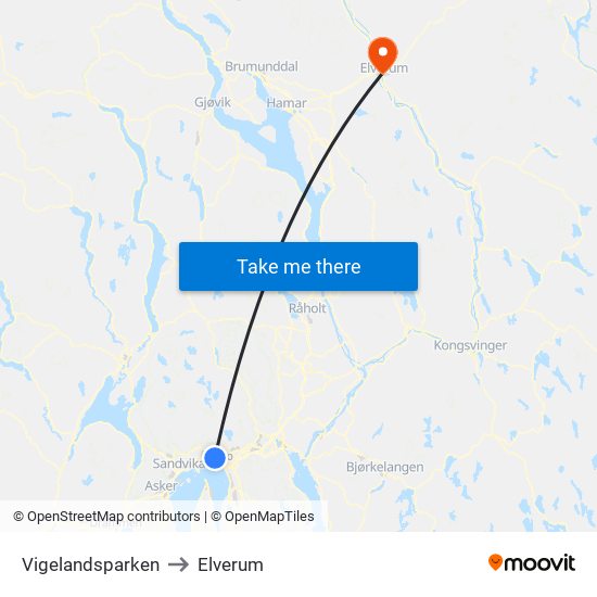 Vigelandsparken to Elverum map