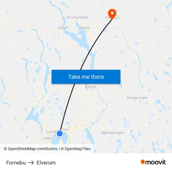 Fornebu to Elverum map