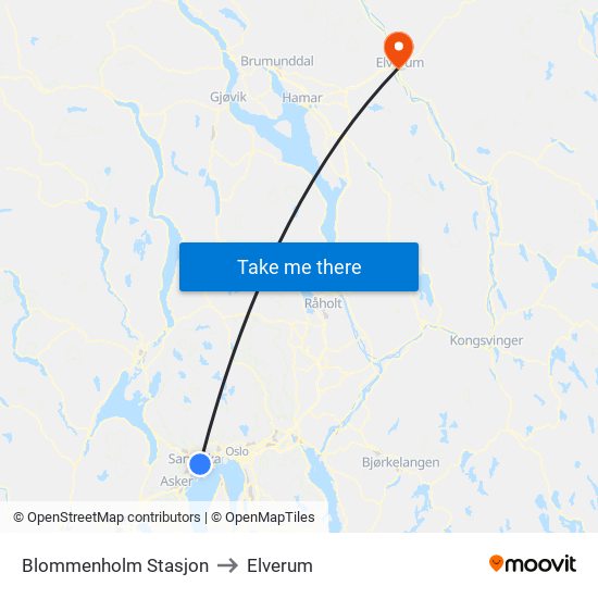 Blommenholm Stasjon to Elverum map