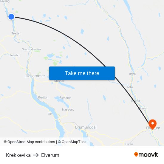 Krekkevika to Elverum map