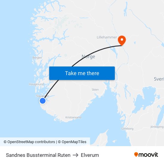 Sandnes Bussterminal Ruten to Elverum map