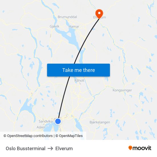 Oslo Bussterminal to Elverum map