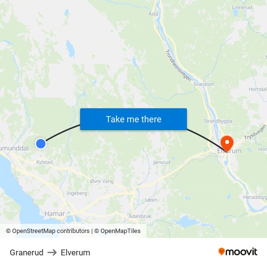 Granerud to Elverum map